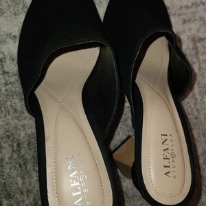 Alfani Step N Flex Black Suede Pointed Toe Heel Mules Wood Accent size 11 NWOT